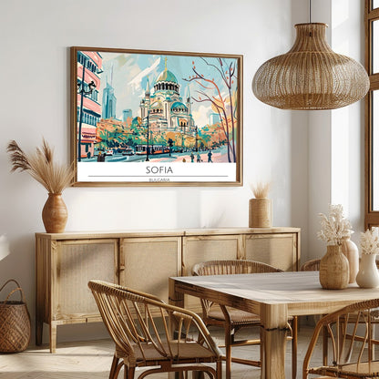 Capture the serene elegance of Sofia in this vibrant wall art piece. The lively cityscape features for Dining