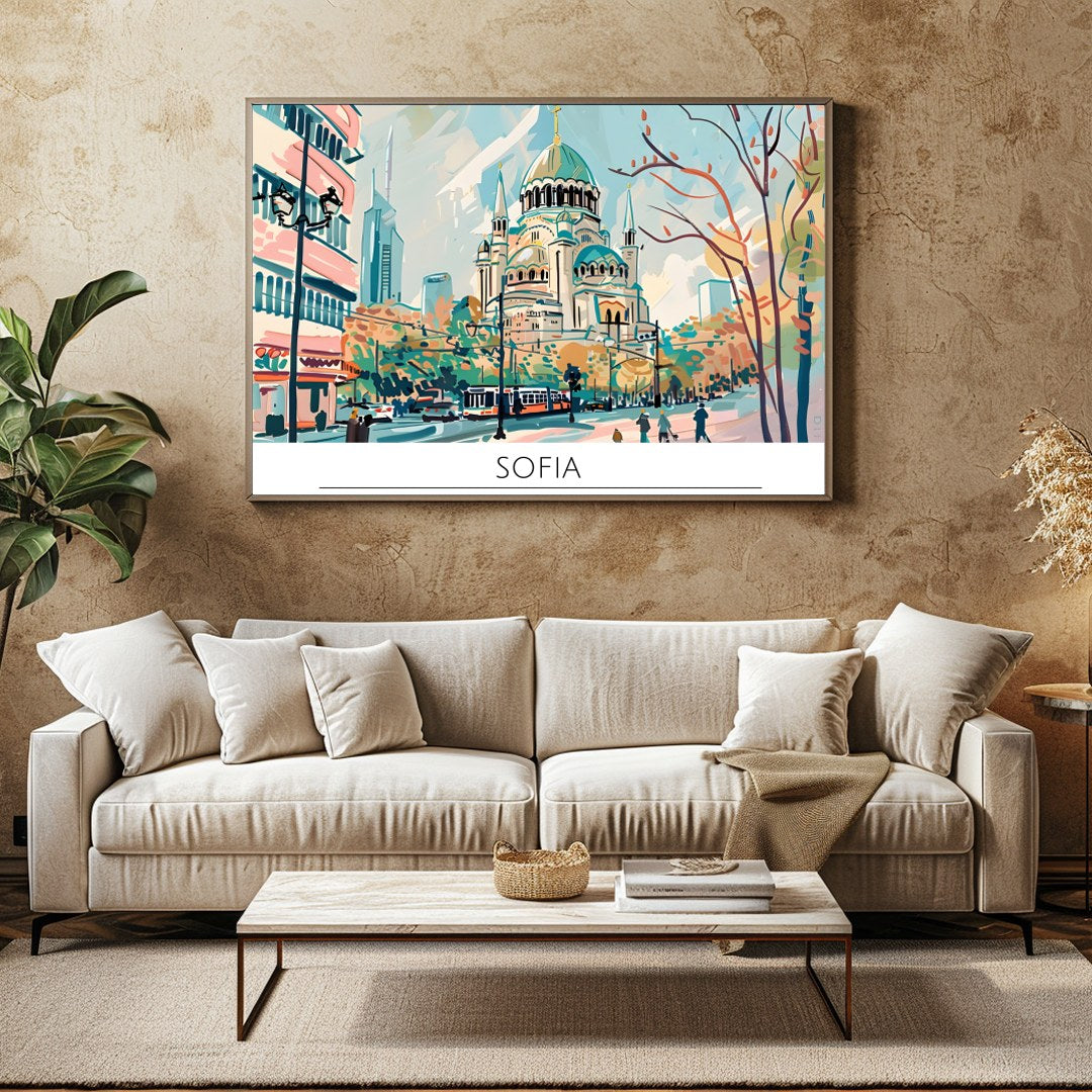 Capture the serene elegance of Sofia in this vibrant wall art piece. The lively cityscape features for Family Room