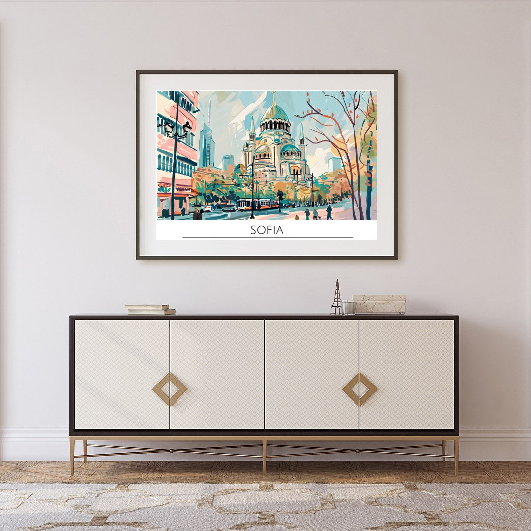 Capture the serene elegance of Sofia in this vibrant wall art piece. The lively cityscape features for Foyer