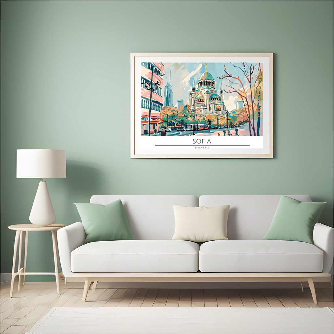 Capture the serene elegance of Sofia in this vibrant wall art piece. The lively cityscape features for Hall