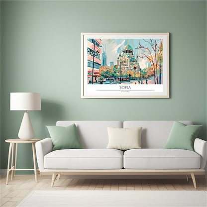 Capture the serene elegance of Sofia in this vibrant wall art piece. The lively cityscape features for Hall