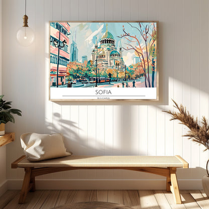 Capture the serene elegance of Sofia in this vibrant wall art piece. The lively cityscape features for Hallway