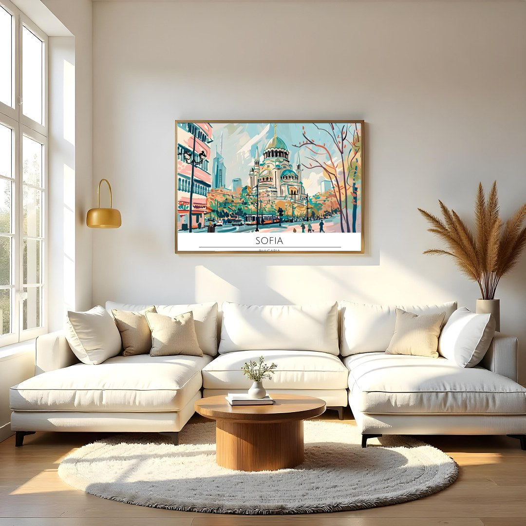 Capture the serene elegance of Sofia in this vibrant wall art piece. The lively cityscape features for Living Room