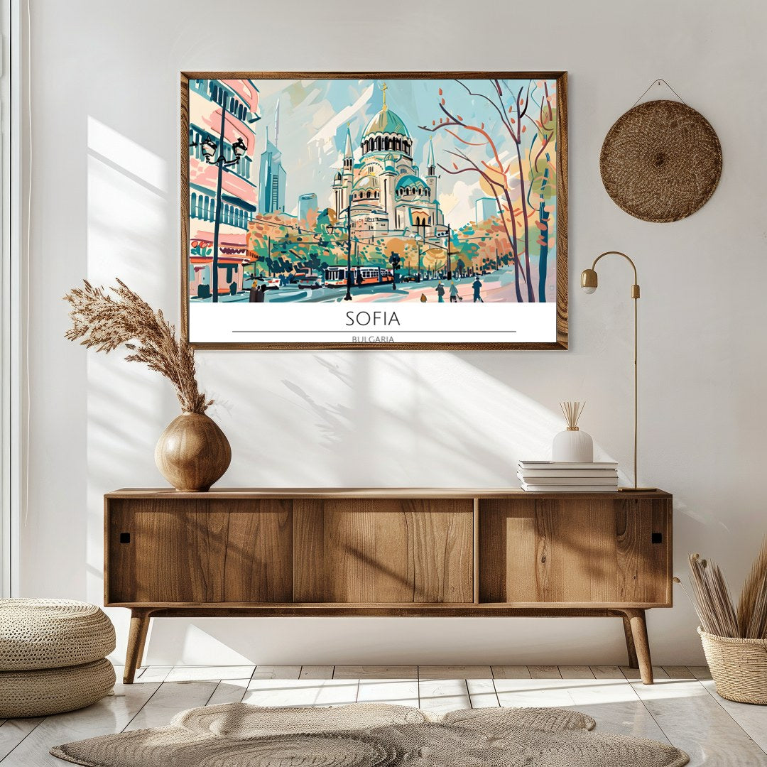 Capture the serene elegance of Sofia in this vibrant wall art piece. The lively cityscape features for Sitting Area
