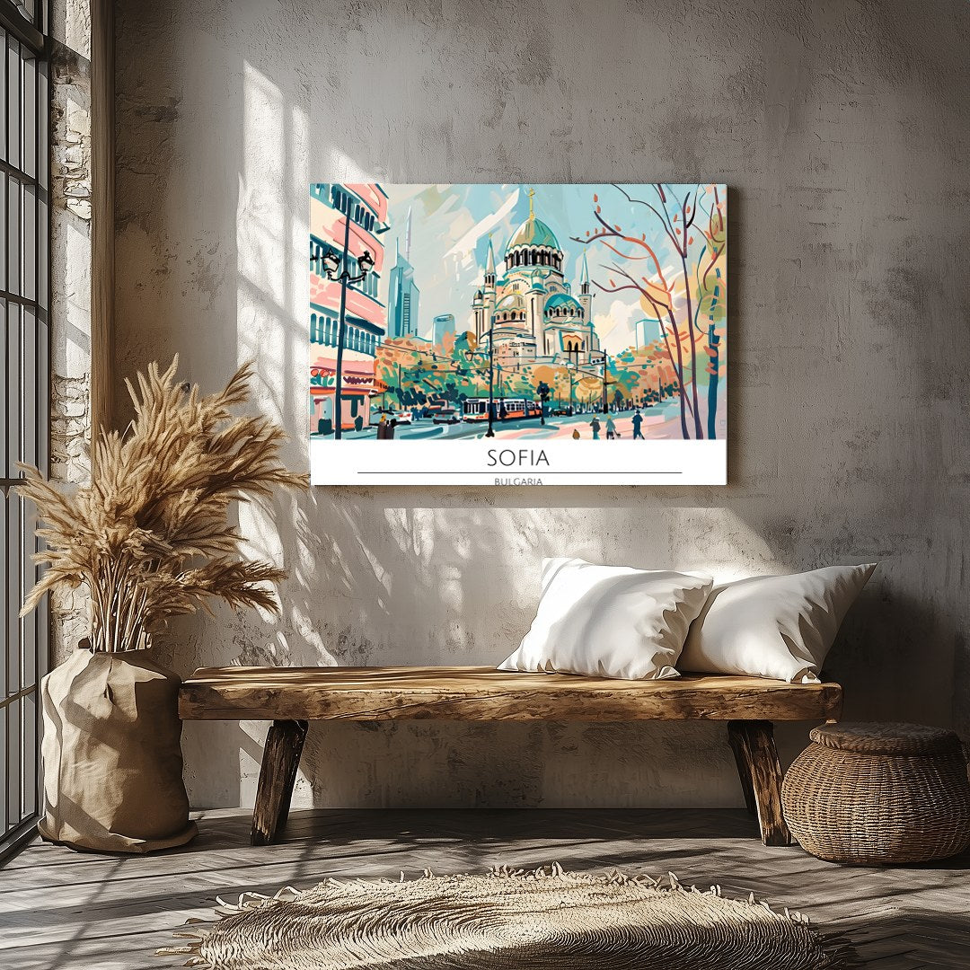 Capture the serene elegance of Sofia in this vibrant wall art piece. The lively cityscape features for Veranda