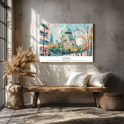 Capture the serene elegance of Sofia in this vibrant wall art piece. The lively cityscape features for Veranda
