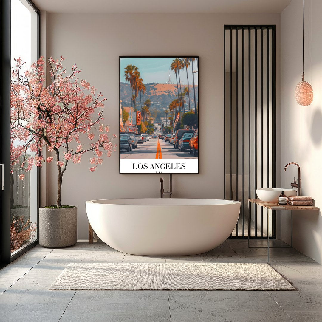 Capture the vibrant energy of Los Angeles with this stunning street scene art print. Featuring for Bathroom