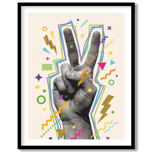 This vibrant "V-Sign Pop Art Print" showcases a stylized hand making a peace or victory sign, rende… for abode