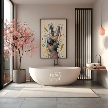 This vibrant "V-Sign Pop Art Print" showcases a stylized hand making a peace or victory sign, rende… for bathroom