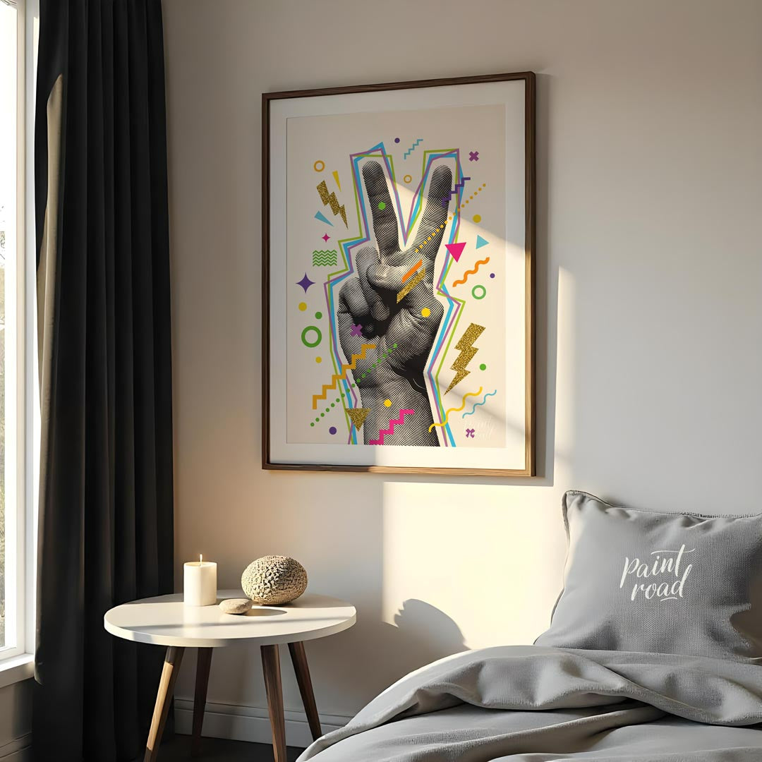 This vibrant "V-Sign Pop Art Print" showcases a stylized hand making a peace or victory sign, rende… for bedroom