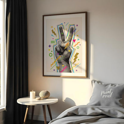 This vibrant "V-Sign Pop Art Print" showcases a stylized hand making a peace or victory sign, rende… for bedroom