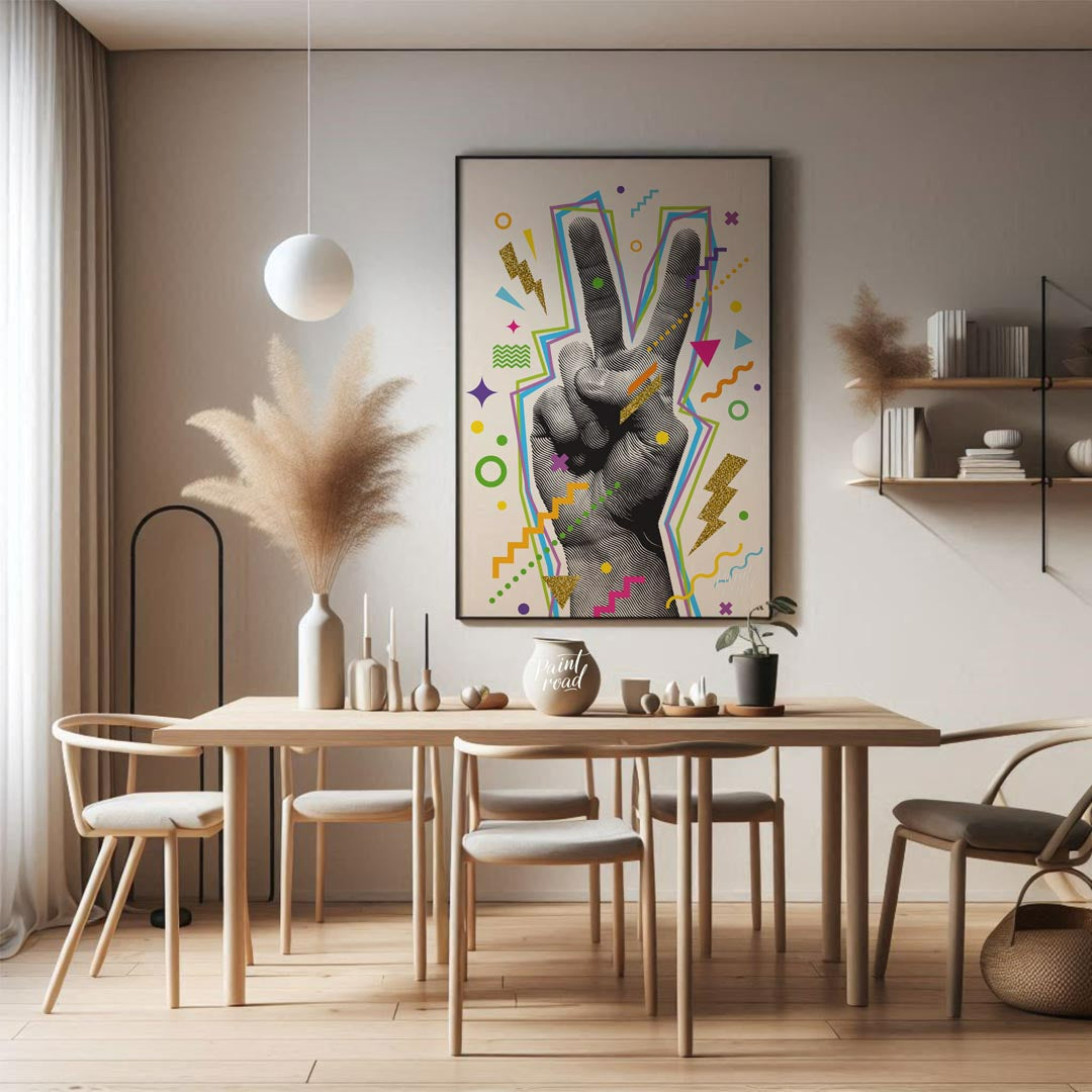 This vibrant "V-Sign Pop Art Print" showcases a stylized hand making a peace or victory sign, rende… for dining room