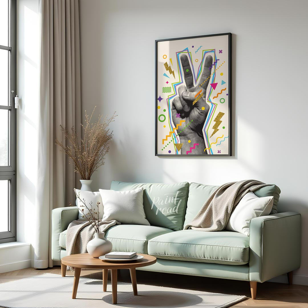 This vibrant "V-Sign Pop Art Print" showcases a stylized hand making a peace or victory sign, rende… for living room
