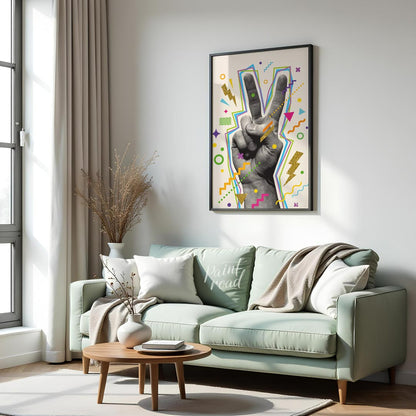 This vibrant "V-Sign Pop Art Print" showcases a stylized hand making a peace or victory sign, rende… for living room