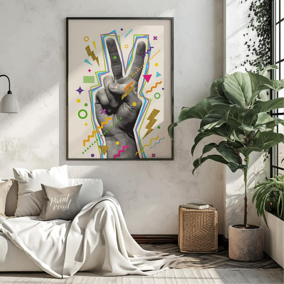 This vibrant "V-Sign Pop Art Print" showcases a stylized hand making a peace or victory sign, rende… for living room