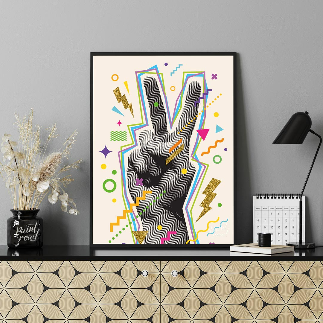 This vibrant "V-Sign Pop Art Print" showcases a stylized hand making a peace or victory sign, rende… for office