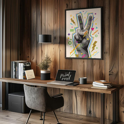 This vibrant "V-Sign Pop Art Print" showcases a stylized hand making a peace or victory sign, rende… for office