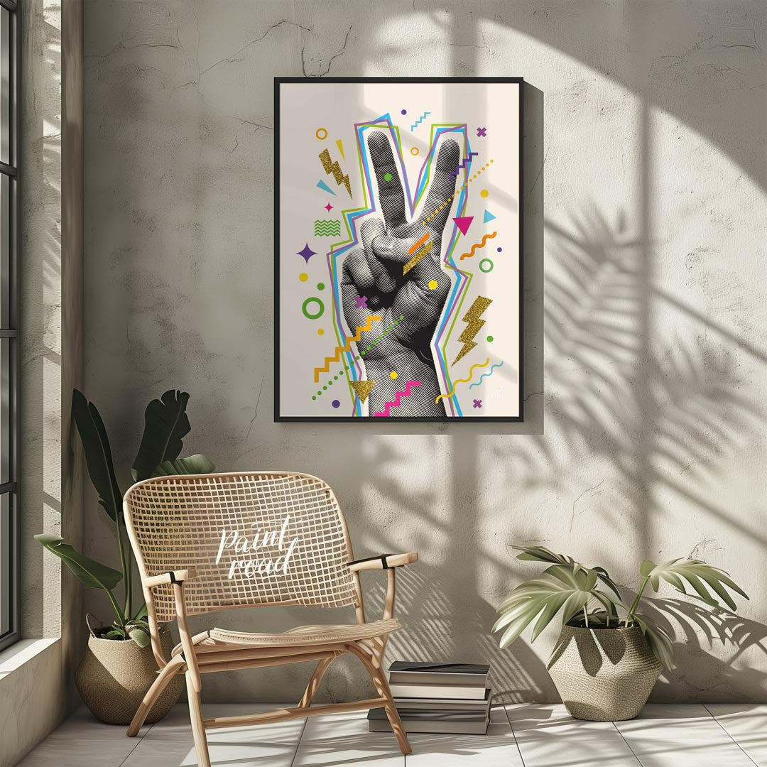 This vibrant "V-Sign Pop Art Print" showcases a stylized hand making a peace or victory sign, rende… for other