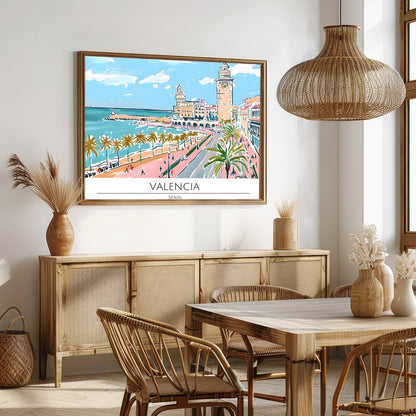 Capture the vibrant charm of Valencia with this exquisite illustration, showcasing its iconic for Dining