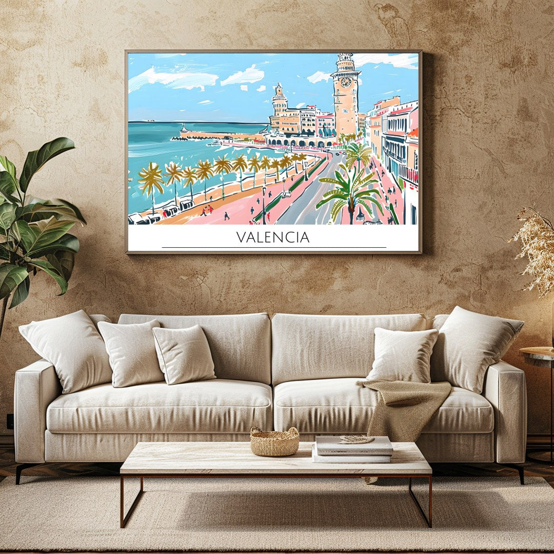 Capture the vibrant charm of Valencia with this exquisite illustration, showcasing its iconic for Family Room