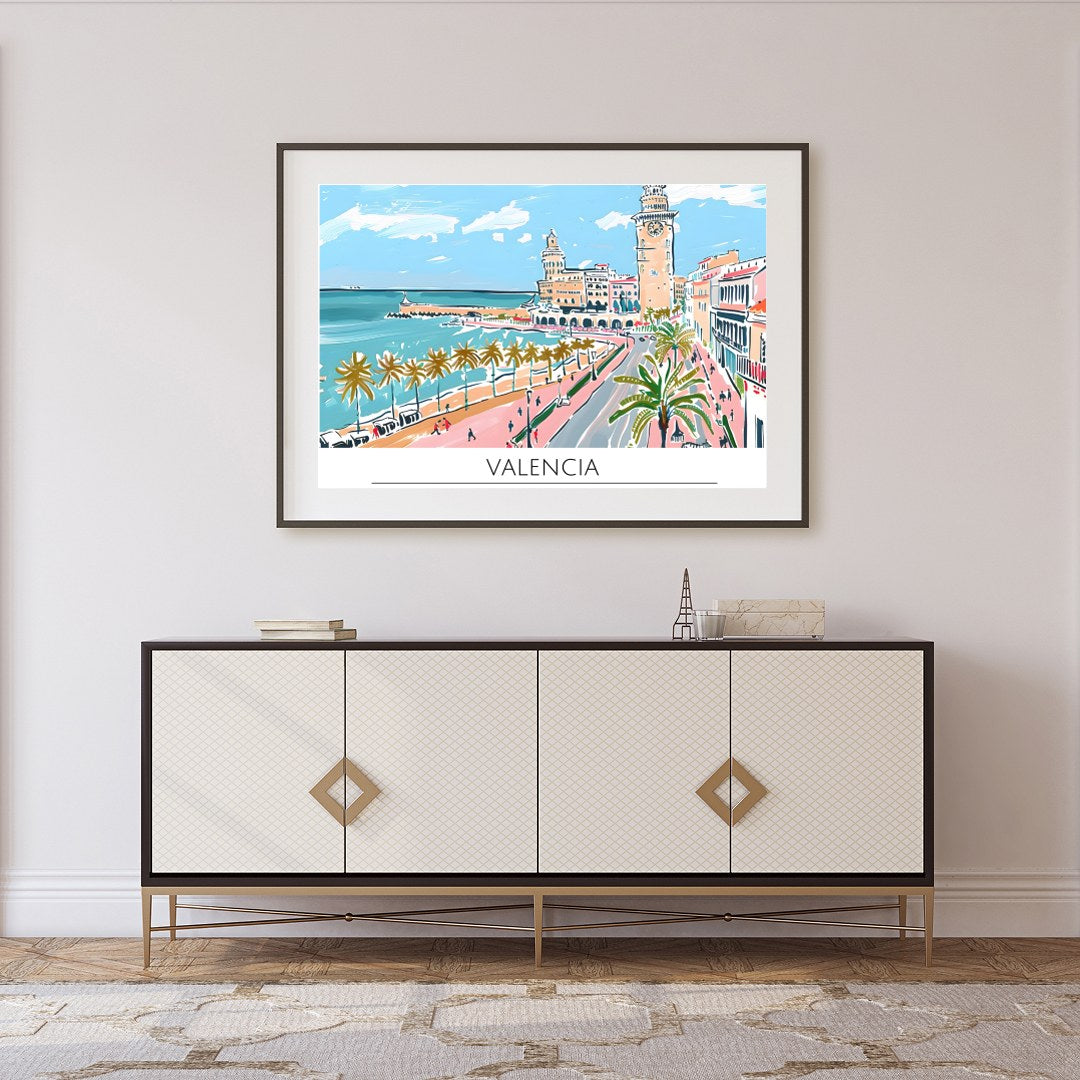 Capture the vibrant charm of Valencia with this exquisite illustration, showcasing its iconic for Foyer