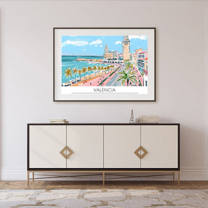 Capture the vibrant charm of Valencia with this exquisite illustration, showcasing its iconic for Foyer
