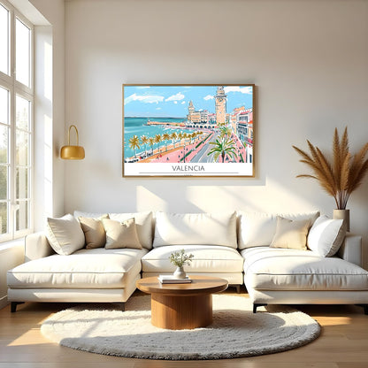 Capture the vibrant charm of Valencia with this exquisite illustration, showcasing its iconic for Living Room