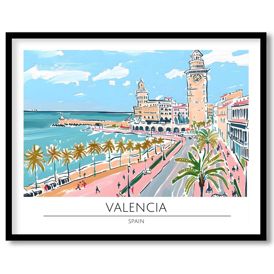 Capture the vibrant charm of Valencia with this exquisite illustration, showcasing its iconic for office