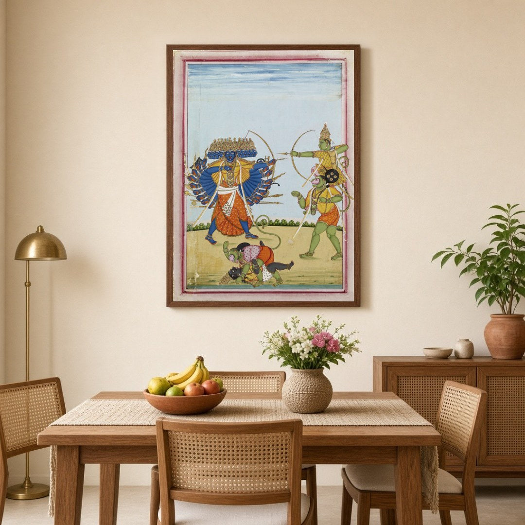 Immerse yourself in the captivating legend of the Ramayana with this striking Indian Miniature for Dining