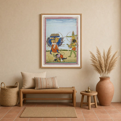 Immerse yourself in the captivating legend of the Ramayana with this striking Indian Miniature for Entrance