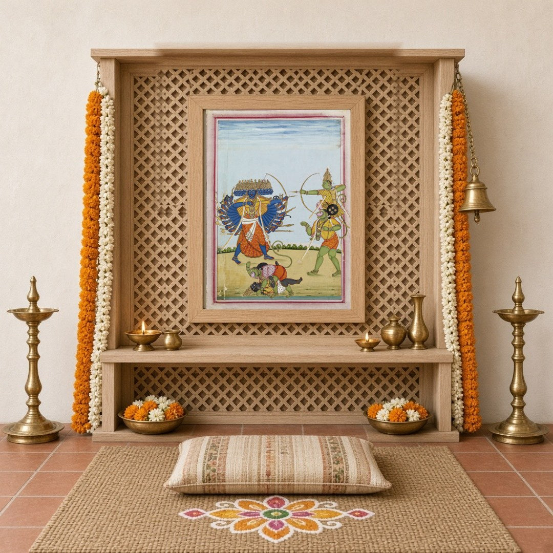 Immerse yourself in the captivating legend of the Ramayana with this striking Indian Miniature for Home Temple