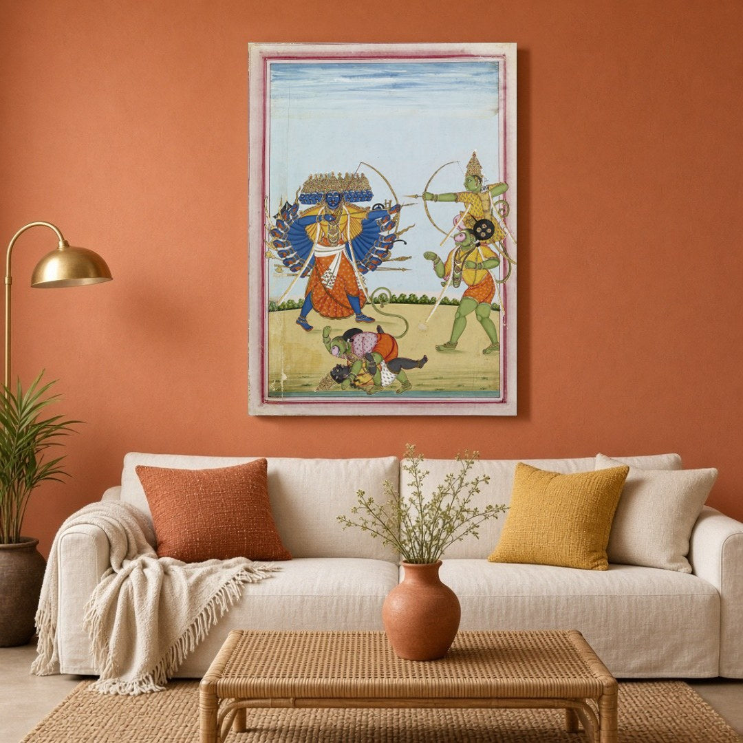 Immerse yourself in the captivating legend of the Ramayana with this striking Indian Miniature for Living Room