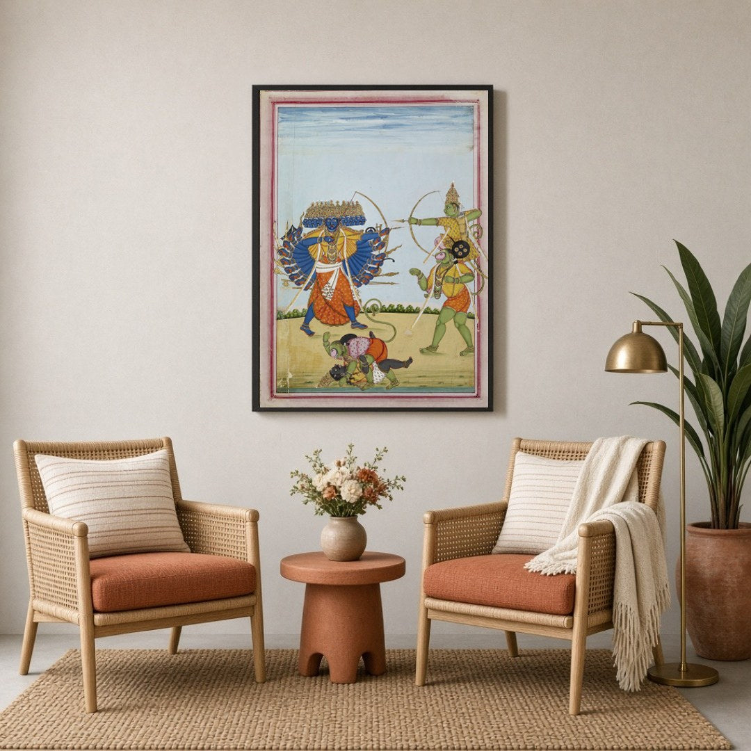 Immerse yourself in the captivating legend of the Ramayana with this striking Indian Miniature for Sitting Lounge