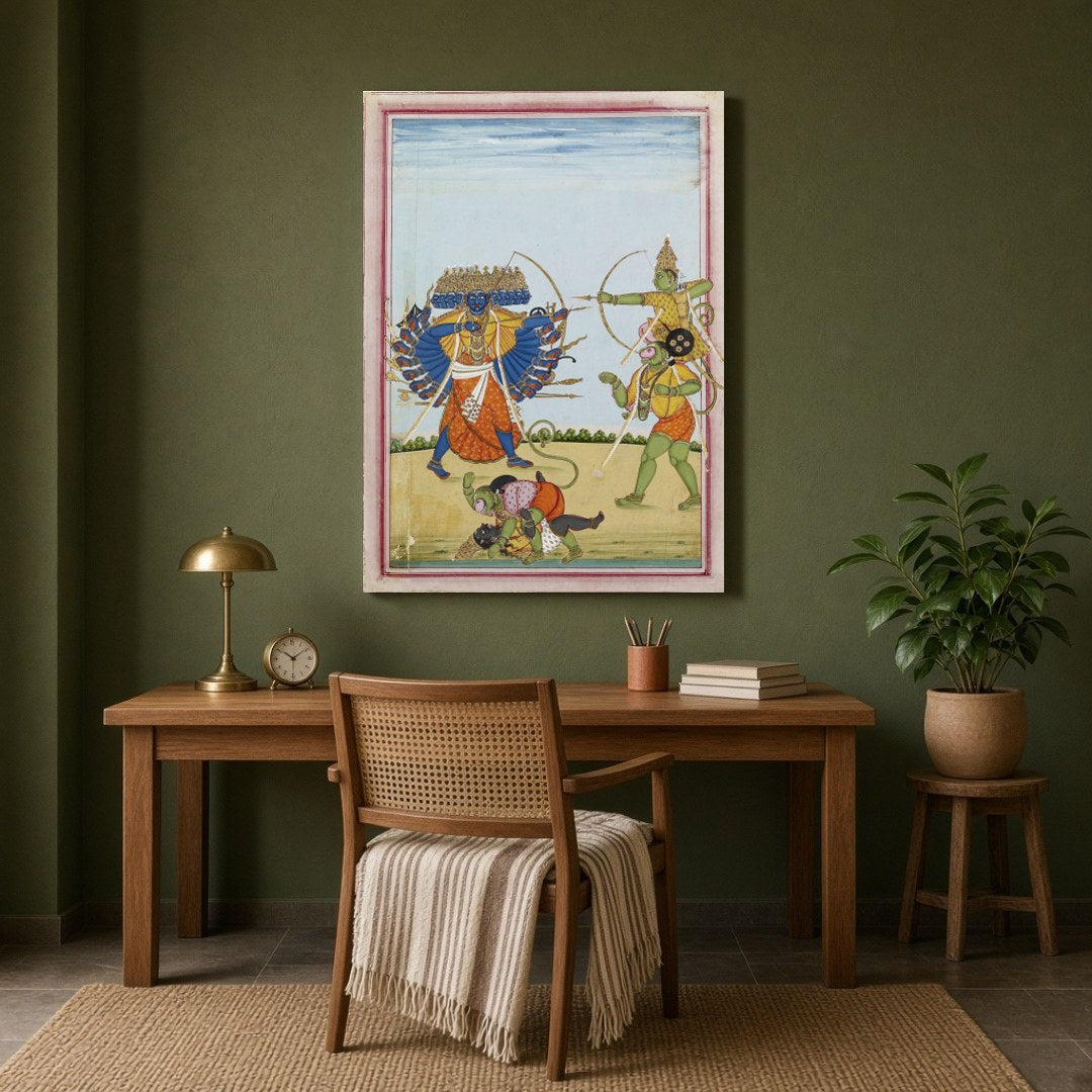 Immerse yourself in the captivating legend of the Ramayana with this striking Indian Miniature for Study