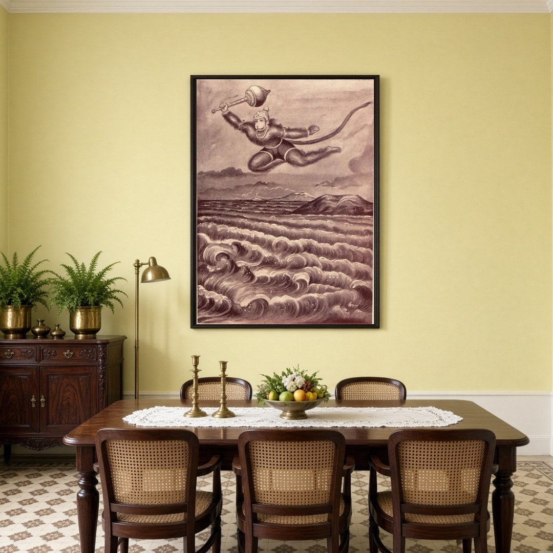 Capture the essence of courage and devotion with this stunning artwork of Lord Hanuman making his for Dining
