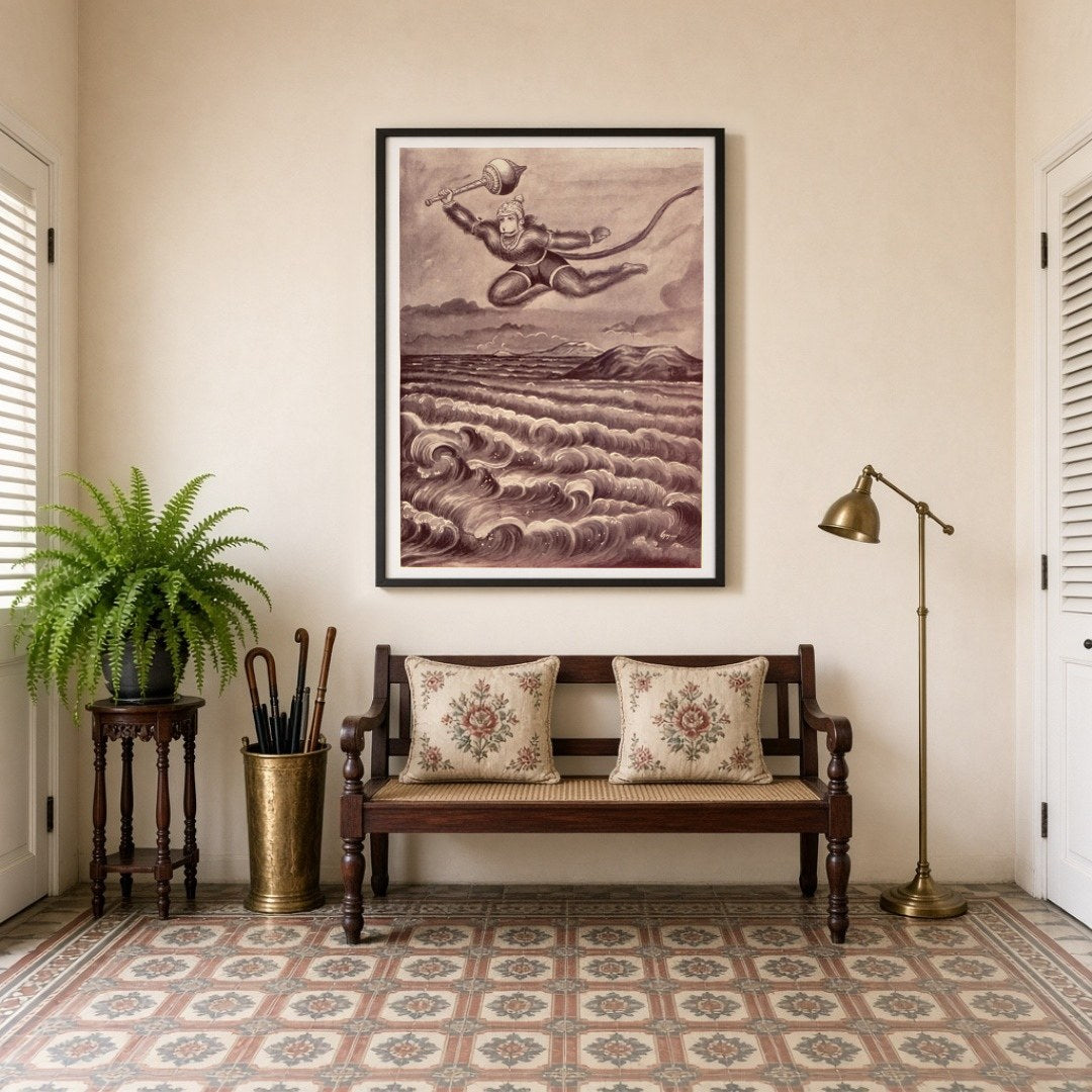 Capture the essence of courage and devotion with this stunning artwork of Lord Hanuman making his for Entrance