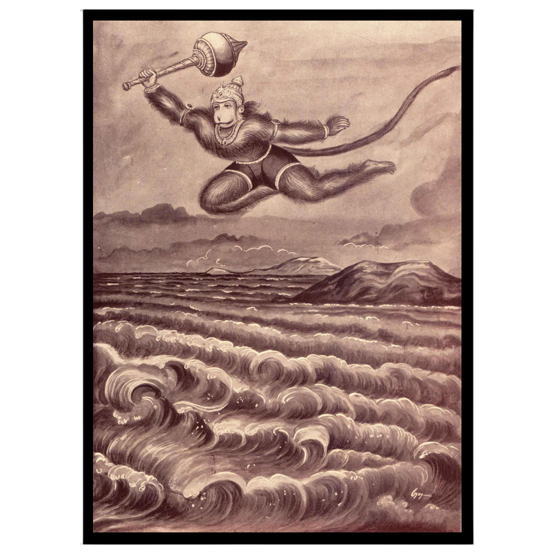 Capture the essence of courage and devotion with this stunning artwork of Lord Hanuman making his for haven