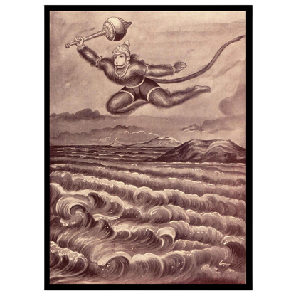 Capture the essence of courage and devotion with this stunning artwork of Lord Hanuman making his for haven