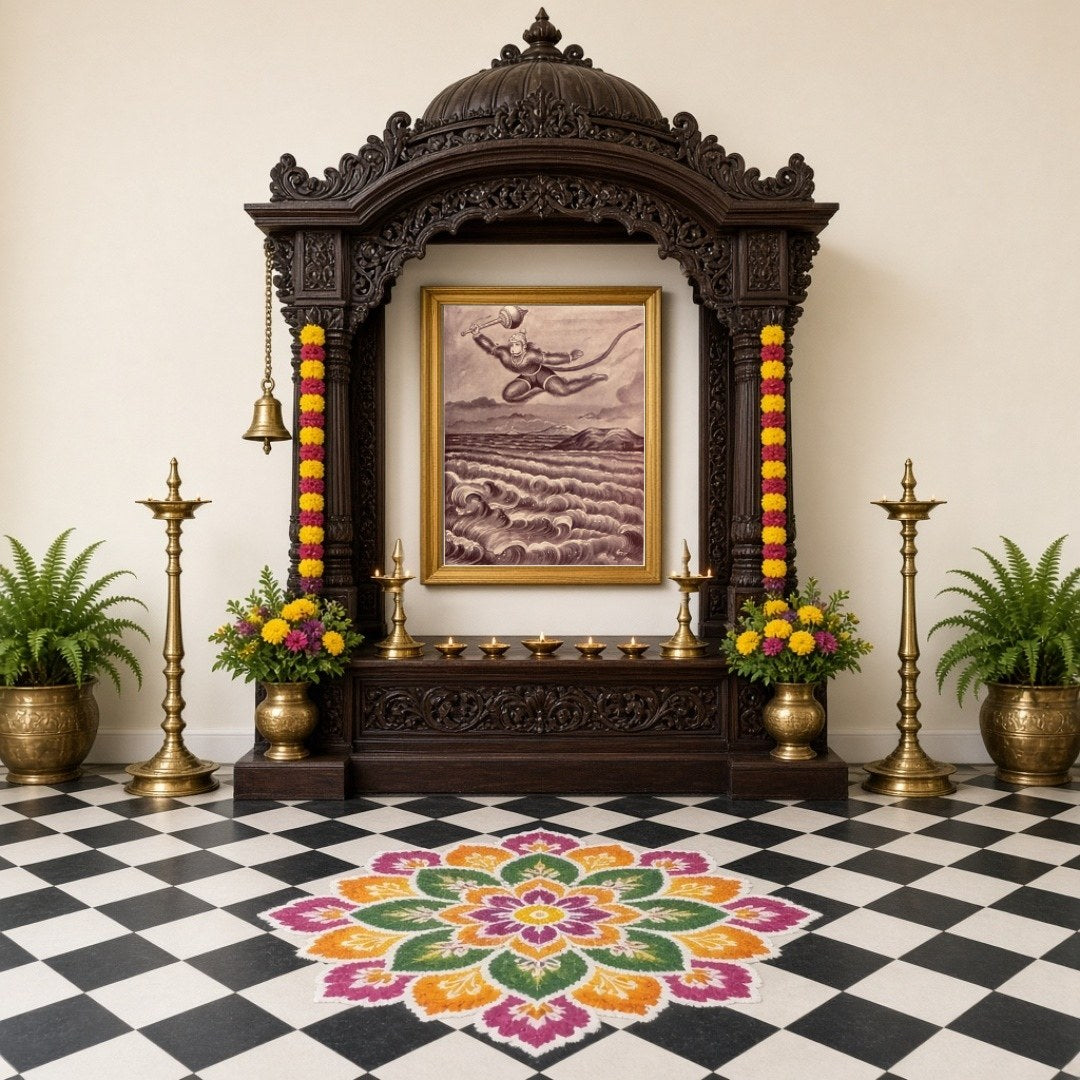 Capture the essence of courage and devotion with this stunning artwork of Lord Hanuman making his for Home Temple