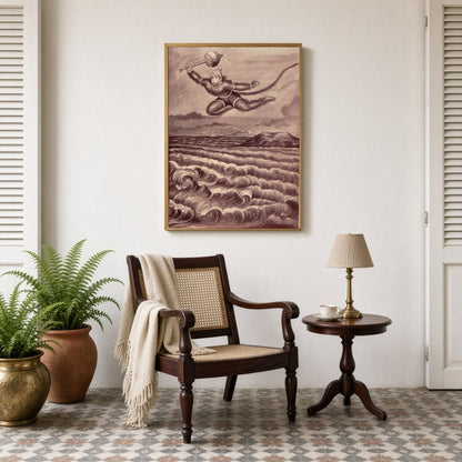 Capture the essence of courage and devotion with this stunning artwork of Lord Hanuman making his for Sitting Lounge