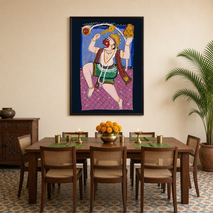 Celebrate the valor and devotion of Lord Hanuman with this vibrant Phad artwork, beautifully for Dining