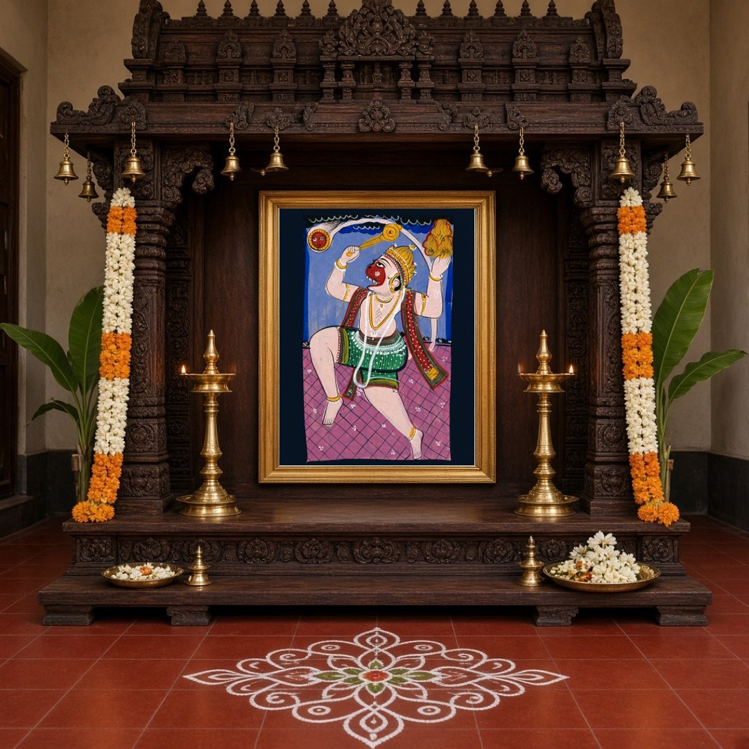 Celebrate the valor and devotion of Lord Hanuman with this vibrant Phad artwork, beautifully for Home Temple