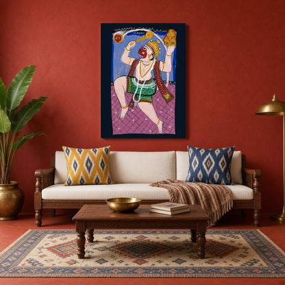 Celebrate the valor and devotion of Lord Hanuman with this vibrant Phad artwork, beautifully for Living Room