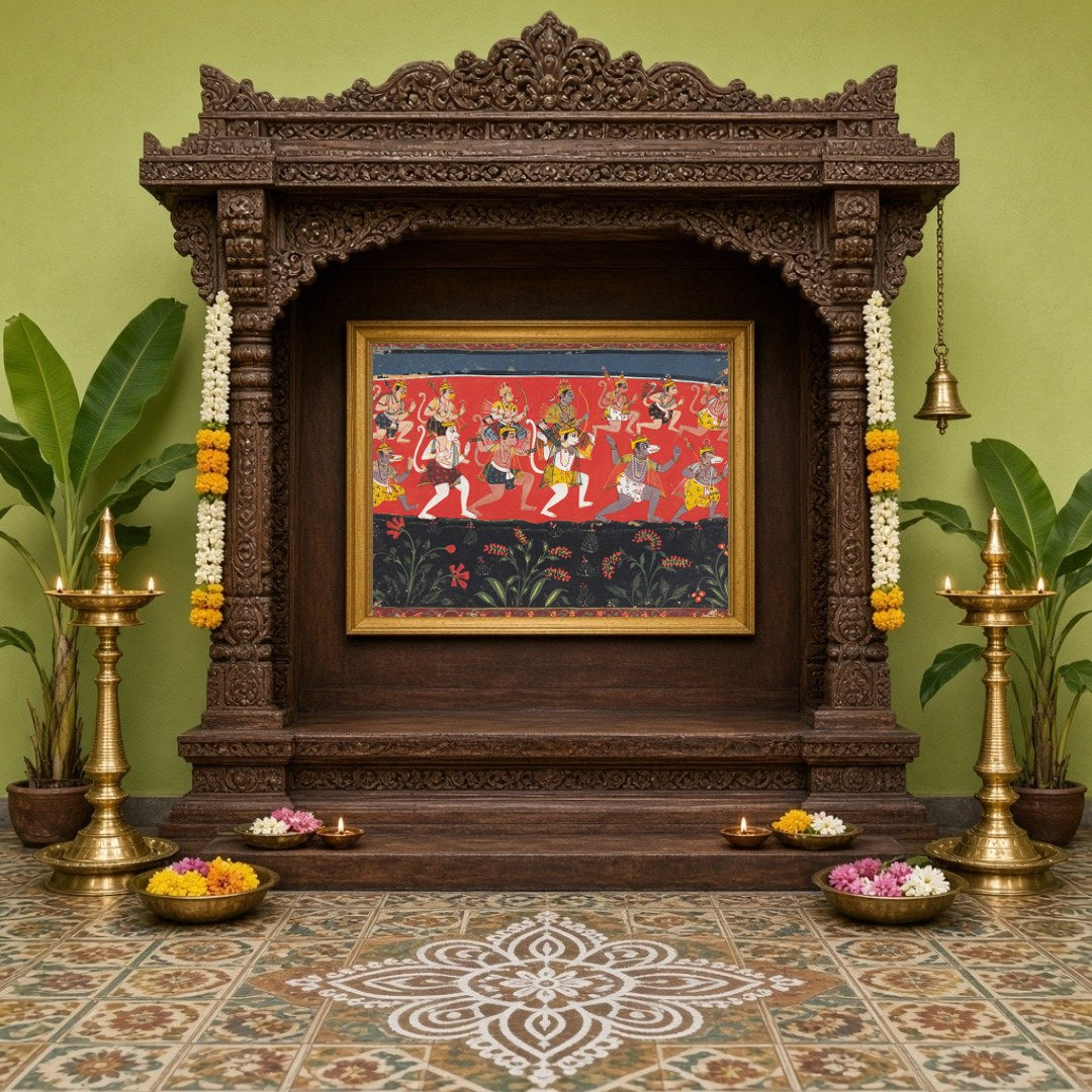 Immerse yourself in the vibrancy of devotion and epic tales with this striking depiction of for Home Temple