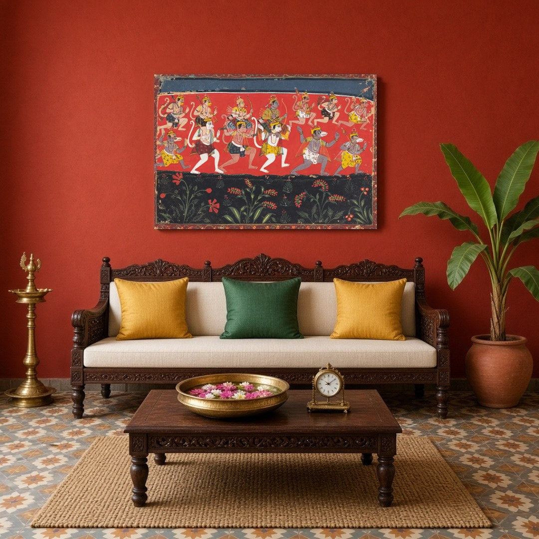 Immerse yourself in the vibrancy of devotion and epic tales with this striking depiction of for Living Room