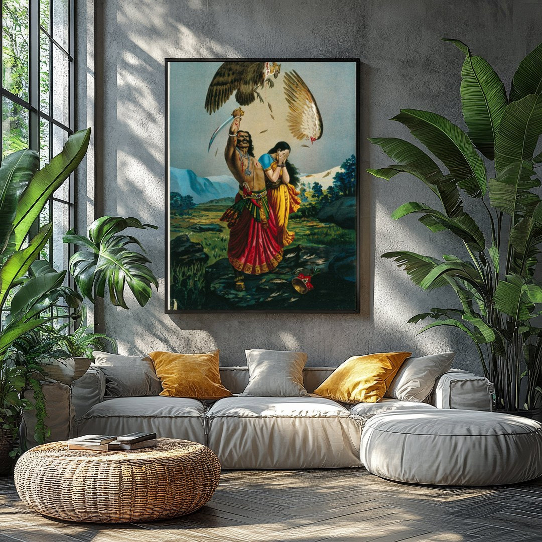 This captivating piece of art illustrates a dramatic scene of a warrior raising a sword for Balcony