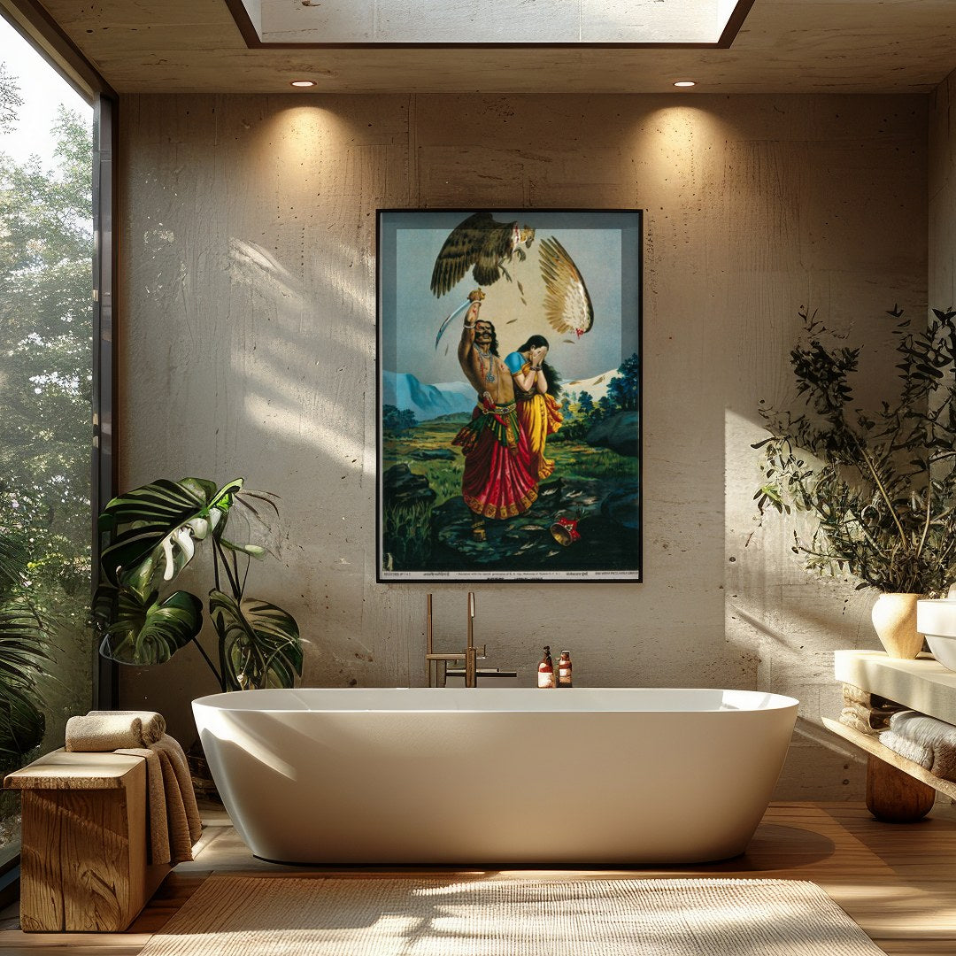 This captivating piece of art illustrates a dramatic scene of a warrior raising a sword for Bathroom