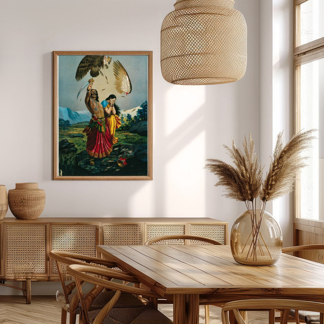 This captivating piece of art illustrates a dramatic scene of a warrior raising a sword for Extra Kitchen