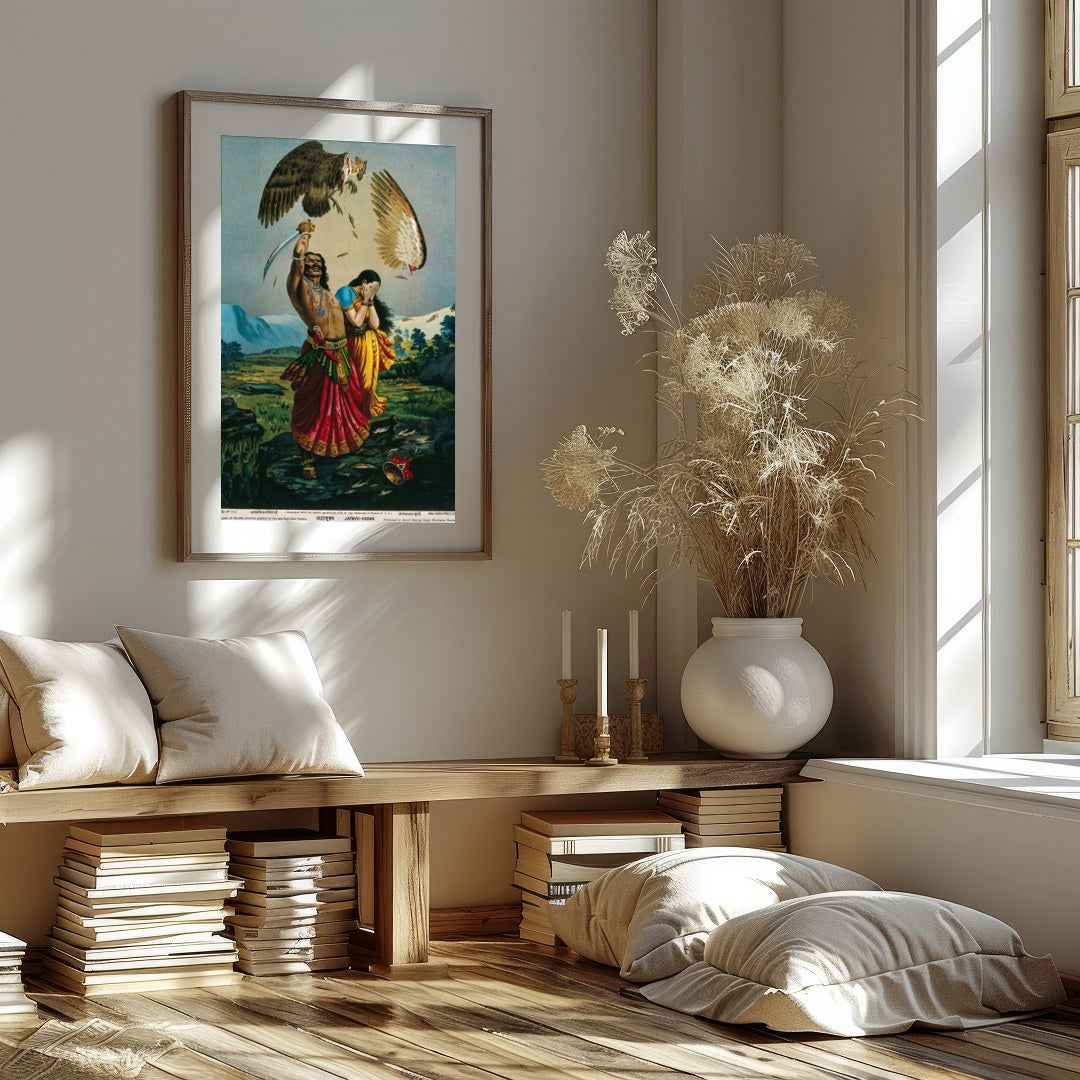 This captivating piece of art illustrates a dramatic scene of a warrior raising a sword for gallery