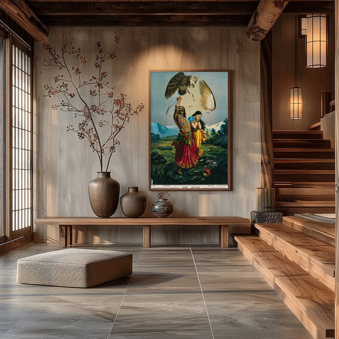 This captivating piece of art illustrates a dramatic scene of a warrior raising a sword for Hall